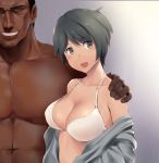  1boy 1girl alternate_breast_size arm_around_shoulder bangs bare_shoulders black_hair blush bra breasts cleavage collarbone dark_skin dark_skinned_male eyebrows_visible_through_hair green_eyes grey_jacket grin highres jacket kantai_collection large_breasts long_sleeves looking_at_viewer macho_admiral_(wa_(genryusui)) mogami_(kantai_collection) off_shoulder open_clothes open_jacket open_mouth short_hair smile swept_bangs underwear wa_(genryusui) 