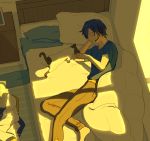  1boy arm_support barefoot bed blanket blue_eyes blue_hair blue_scarf blue_shirt brown_pants cat coat coat_removed commentary from_above head_rest headset kaito looking_at_animal lying male_focus nokuhashi on_side pants pillow scarf scarf_removed shirt short_sleeves sunlight vocaloid white_cat white_coat window 