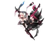  1girl alcohol arm_up assault_rifle bangs black_dress black_ribbon bottle breasts cleavage cup damaged dinergate_(girls_frontline) dress full_body girls_frontline gloves gradient gradient_legwear gun hair_between_eyes headgear holding holding_cup holding_gun holding_weapon liquid long_hair looking_at_viewer m4_carbine m4_sopmod_ii_(girls_frontline) megaphone multicolored_hair official_art open_mouth pink_hair pink_legwear purple_legwear red_eyes red_hair ribbon rifle ro635_(dinergate) scope shuaiaba sidelocks smile solo streaked_hair thighhighs torn_clothes torn_legwear transparent_background weapon 