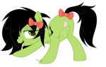  absurd_res anonymous_artist black_hair bodily_fluids cutie_mark earth_pony emerald_blade_(oc) equid equine fan_character female friendship_is_magic genital_fluids genitals green_body green_eyes green_skin hair hi_res horse mammal my_little_pony open_mouth pony presenting presenting_pussy pussy pussy_juice ribbons simple_background solo tongue tongue_out white_background 