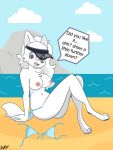  2020 3:4 4_toes anthro arm_support beach bikini black_pawpads black_text blanca_(nicky_illust) blue_bikini blush breasts canid canine carloshazielsouzaedit&#039;s clothed clothing cloud crossed_legs dialogue digital_media_(artwork) digitigrade discarded_clothing english_text eyebrows female fingers full-length_portrait fur grey_eyes grey_nose hair hand_on_ground hi_res legs_together looking_at_viewer mammal medium_breasts mountain navel nipples no_pupils on_ground open_mouth open_smile pawpads pink_nipples pink_tongue portrait sand sea seaside side-tie_bikini side_view signature sitting sky smile solo source_request speech_bubble swimwear teeth text thin_eyebrows toes tongue topless visor_hat water wavy_hair white_body white_ears white_fur white_hair white_tail 
