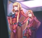  2girls bangs blonde_hair blue_eyes breasts corruption dark_persona eyebrows_visible_through_hair gloves gundam gundam_seed gundam_seed_destiny gundam_tekketsu_no_orphans hair_ornament hand_on_breast highres kudelia_aina_bernstein large_breasts leebigtree leotard long_hair meer_campbell multiple_girls pink_hair purple_eyes star_(symbol) star_hair_ornament very_long_hair 