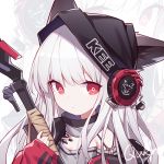  1girl arknights detached_sleeves earphones ears_through_headwear frostleaf_(arknights) grey_shirt holding holding_weapon hood jacket kurisu_tina long_hair long_sleeves looking_at_viewer off_shoulder ore_lesion_(arknights) red_eyes red_jacket shirt solo upper_body weapon white_hair 