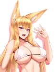  1girl :d animal_ear_fluff animal_ears arm_at_side bangs bare_shoulders bikini blonde_hair blush breasts cleavage collarbone eyebrows_visible_through_hair fanbox_reward fingernails fox_ears fox_girl fox_shadow_puppet fox_tail hair_between_eyes hair_bobbles hair_ornament halter_top halterneck hand_up heart heart-shaped_pupils highres large_breasts long_hair looking_at_viewer open_mouth original paid_reward purple_eyes shuugetsu_karasu sidelocks skindentation smile solo strap_gap swimsuit symbol-shaped_pupils tail underboob upper_body very_long_hair white_bikini 