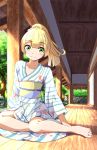  absurdres barefoot blonde_hair collarbone gen_1_pokemon goldeen green_eyes high_ponytail highres japanese_clothes kimono lillie_(pokemon) long_hair looking_at_viewer negimiso1989 poke_ball_symbol pokemon smile tree veranda yukata 