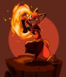  2020 anthro avatar:_the_last_airbender black_nose bottomwear canid canine clothed clothing crossover dipstick_ears disney elemental_manipulation fire fire_manipulation fox fully_clothed fur gloves_(marking) green_eyes hi_res light lighting looking_at_viewer mammal markings multicolored_ears nick_wilde nickelodeon orange_body orange_fur pose red_background red_fox signature simple_background smile solo standing theblueberrycarrots topwear zootopia 