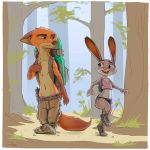  1:1 2020 anthro backpack boots bottomwear buckteeth canid canine chest_tuft clothed clothing crop_top detailed_background dipstick_ears disney duo flat_chested footwear forest fox frown fur gloves_(marking) green_eyes grey_body grey_fur head_tuft hi_res hotpants judy_hopps lagomorph leporid looking_at_another mammal markings midriff multicolored_ears navel nick_wilde open_mouth open_smile orange_body orange_fur outside purple_eyes rabbit red_fox samur_shalem scut_tail shirt shoes shorts smile teeth topless topwear tree tuft walking water_bottle zootopia 