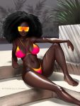  1girl afro arm_support artist_name bare_arms bare_legs bare_shoulders barefoot big_hair black_hair breasts breasts_apart closed_mouth collarbone dark_skin day facing_viewer gradient_clothes highres knee_up large_breasts leaning_back lips long_hair lulu-chan92 multicolored multicolored_clothes navel orange-tinted_eyewear original outdoors over-rim_eyewear plant potted_plant semi-rimless_eyewear shiny shiny_skin sitting sitting_on_stairs solo stairs stomach sunglasses sunlight thighs watermark web_address 