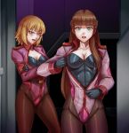  2girls bangs black_gloves blonde_hair brown_hair cagalli_yula_athha corruption dark_persona eyebrows_visible_through_hair gloves green_eyes gundam gundam_seed gundam_seed_destiny gundam_wing highres leebigtree leotard long_hair multiple_girls relena_peacecraft short_hair yellow_eyes 