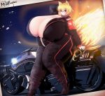  animal_humanoid arm_support belly big_breasts big_tail biker biped black_bottomwear black_clothing black_topwear blonde_hair blue_eyes blush bottomwear breasts canid canid_humanoid canine canine_humanoid cleavage clothed clothing curvy_figure detailed_background dipstick_tail female fire flaming_tail fluffy fluffy_tail footwear fox_humanoid fully_clothed fur glowing hair hand_behind_head hi_res huge_breasts humanoid hyper hyper_breasts jumpsuit kyosuke_fujiwara leaning leaning_back light_skin looking_at_viewer mammal mammal_humanoid monotone_hair motorcycle multicolored_tail night outside overweight overweight_female photo pose shoes sitting sky smile solo star starry_sky thick_thighs topwear vehicle voluptuous wide_hips yellow_body yellow_fur 
