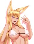  1girl :d animal_ear_fluff animal_ears arm_at_side bangs bare_shoulders bikini blonde_hair blush breasts cleavage collarbone dark_skin eyebrows_visible_through_hair fanbox_reward fingernails fox_ears fox_girl fox_shadow_puppet fox_tail hair_between_eyes hair_bobbles hair_ornament halter_top halterneck hand_up heart heart-shaped_pupils highres large_breasts long_hair looking_at_viewer open_mouth original paid_reward purple_eyes shuugetsu_karasu sidelocks skindentation smile solo strap_gap swimsuit symbol-shaped_pupils tail underboob upper_body very_long_hair white_bikini 