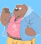  2020 absurd_res anthro blue_background bottomwear brown_body brown_fur clothing fffftony fur hi_res hoodie kemono male mammal overweight overweight_male pants shirt simple_background solo topwear ursid 