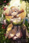  1girl :d animal bangs bare_shoulders black_legwear breasts brown_hair bug butterfly butterfly_wings character_request cleavage commentary dragalia_lost dress english_commentary eyebrows_visible_through_hair fire_emblem fire_emblem_heroes flag flower gradient_hair green_dress grey_hair hair_between_eyes hair_flower hair_ornament hand_up hentaki highres insect knee_up medium_breasts multicolored_hair open_mouth orange_wings peony_(fire_emblem) pointy_ears purple_eyes red_flower sitting sleeveless sleeveless_dress smile thighhighs watermark web_address white_flag wings wrist_cuffs yellow_flower 