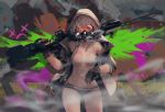  1girl abstract_background bag bangs bare_shoulders black_gloves black_shorts bra braid breasts cleavage collarbone explosive facing_viewer fingerless_gloves gas_mask gloves graffiti grenade grey_hair gun hair_over_shoulder highres holding holding_gun holding_weapon hood hood_up hooded_jacket jacket long_hair looking_at_viewer mask navel off_shoulder open_clothes original over_shoulder partly_fingerless_gloves rifle rsef short_shorts shorts simple_background sleeves_rolled_up smoke sniper_rifle solo standing stomach underwear weapon weapon_over_shoulder 