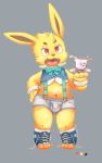  4_fingers alternate_version_at_source anthro bulge butt_from_the_front clothing eeveelution fingers front_view fur genital_outline grey_background grey_clothing grey_underwear hand_on_hip hi_res holding_object jolteon lambent male nintendo pok&eacute;mon pok&eacute;mon_(species) pose simple_background solo standing teeth toeless_footwear tongue underwear video_games yellow_body yellow_ears yellow_fur 