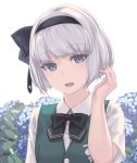  1girl :d bangs black_bow black_hairband black_ribbon blue_eyes blue_flower blush bob_cut bow bowtie collared_shirt eyebrows_visible_through_hair flower green_vest hair_ribbon hairband hand_up hydrangea konpaku_youmu looking_at_viewer open_mouth portrait ribbon rokuwata_tomoe shirt short_hair short_sleeves silver_hair simple_background smile solo touhou vest white_background white_shirt 