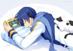  1boy artist_name blue_hair blue_scarf cat closed_eyes coat commentary handheld_game_console headset holding_handheld_game_console kaito lying male_focus nokuhashi on_stomach pillow polka_dot polka_dot_background scarf sleeping spotted_fur vocaloid white_cat white_coat 