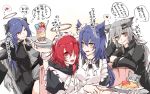  alternate_costume animal_ears apron arknights bangs blue_hair blush dress drooling enmaided exusiai_(arknights) food hair_between_eyes hair_ornament hair_over_one_eye hairclip halo highres horns jacket lappland_(arknights) long_hair maid maid_apron maid_headdress mirui mostima_(arknights) multiple_girls omurice open_mouth parfait puffy_sleeves red_hair ribbon scar scar_across_eye short_hair silver_hair simple_background smile texas_(arknights) translation_request wolf_ears 