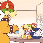  1:1 2020 anthro belly biped bowser bowser_jr. clothing cute_fangs eyes_closed facial_hair group hi_res human koopa lates mammal mario mario_bros mustache nintendo overweight robe scalie sitting video_games 