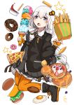  1girl :o absurdres blue_eyes blueberry blush boots braid butter commentary_request cream doughnut fingerless_gloves food french_fries fruit gloves hair_ornament hamburger highres honey ice_cream_cone kannagoto ketchup kizuna_akari knees_together_feet_apart long_hair macaron orange_gloves orange_legwear pancake pantyhose pizza signature silver_hair simple_background single_braid sparkle star_(symbol) strawberry striped striped_legwear sunny_side_up_egg vertical-striped_gloves vertical-striped_legwear vertical_stripes very_long_hair voiceroid white_background 