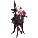  1girl alternate_costume assault_rifle bangs black_dress black_flower black_gloves blonde_hair blush breasts cup dinergate_(girls_frontline) dress drinking_glass flower girls_frontline glass gloves gun hair_flower hair_ornament headgear high_heels holding holding_gun holding_weapon m4_carbine m4_sopmod_ii m4_sopmod_ii_(girls_frontline) mechanical_arm medium_breasts megaphone multicolored_hair official_art open_mouth pantyhose prosthesis prosthetic_arm red_eyes red_hair red_legwear rifle ro635_(dinergate) short_hair_with_long_locks shuaiaba single_glove solo streaked_hair transparent_background weapon wine_glass 