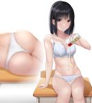  1girl arm_at_side ass bangs bare_arms bare_shoulders black_hair blunt_bangs blush bra breasts brown_eyes chair cleavage closed_mouth collarbone commentary_request cup desk disposable_cup eyebrows_visible_through_hair feet_out_of_frame holding holding_cup iwanishi lying mcdonald&#039;s medium_breasts multiple_views navel nervous_smile on_side on_table original panties school_chair school_desk short_hair sidelocks simple_background spilling stomach table underwear underwear_only wakamezake white_background white_bra white_panties 
