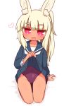  1girl :d animal_ear_fluff animal_ears bangs blonde_hair blue_sailor_collar blue_serafuku blue_shirt blue_skirt blunt_bangs blush bunny_ears collarbone commentary_request covered_navel eyebrows_visible_through_hair full_body heart heart-shaped_pupils highres leotard leotard_under_clothes lifted_by_self long_hair long_sleeves looking_at_viewer masurao_(sekaiju) naga_u open_mouth pink_eyes pleated_skirt ponytail purple_leotard sailor_collar seiza sekaiju_no_meikyuu sekaiju_no_meikyuu_5 shirt sidelocks sitting skirt skirt_lift smile solo symbol-shaped_pupils thick_eyebrows very_long_hair white_background white_neckwear 
