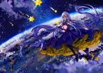  1girl absurdly_long_hair absurdres chinese_commentary city_lights cloud dress earth elbow_gloves fingerless_gloves floating frilled_dress frills gloves hair_ribbon highres holding jamjar77 long_hair looking_at_viewer night open_mouth purple_dress purple_gloves purple_hair quad_tails ribbon shooting_star sidelocks solo space star_(sky) stellated_octahedron thighhighs very_long_hair vocaloid wide_shot xingchen yellow_eyes 