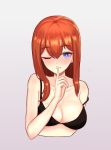  1girl ;) absurdres bangs bare_arms bare_shoulders black_bra blush bra breasts brown_hair cleavage collarbone cropped_torso eyebrows_visible_through_hair finger_to_mouth grey_background hair_between_eyes hand_up highres index_finger_raised large_breasts long_hair looking_at_viewer makise_kurisu one_eye_closed purple_eyes smile solo steins;gate strap_slip underwear upper_body wuyin 