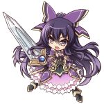  1girl chibi date_a_live highres holding holding_sword holding_weapon kubotami looking_to_the_side open_hand purple_eyes purple_hair solo spirit sword v-shaped_eyebrows weapon white_background yatogami_tooka 