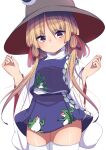  1girl animal_print bangs blonde_hair darumoon frog_print highres long_sleeves medium_hair moriya_suwako parted_bangs purple_skirt purple_vest shirt skirt skirt_set sleeves_past_wrists solo thighhighs touhou turtleneck vest white_legwear white_shirt wide_sleeves yellow_eyes 