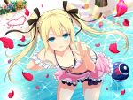  1girl bangs bare_arms bare_shoulders bikini bikini_skirt blonde_hair blue_eyes bow breasts crossover dead_or_alive dead_or_alive_5 hair_bow hair_ornament hand_up highres long_hair looking_at_viewer marie_rose official_art polka_dot polka_dot_bikini ribbon senran_kagura small_breasts solo standing stomach swimsuit thighs toes twintails x_hair_ornament yaegashi_nan 