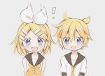  ! 1boy 1girl arms_behind_back bangs beige_background black_collar blonde_hair blue_eyes bow brother_and_sister collar commentary fang hair_bow hair_ornament hairclip headphones highres hitode kagamine_len kagamine_rin neckerchief necktie open_mouth sailor_collar school_uniform shirt short_hair short_ponytail short_sleeves siblings smile spiked_hair swept_bangs twins upper_body vocaloid white_bow white_shirt yellow_neckwear 