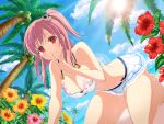  1girl bangs bare_arms bare_shoulders bikini bikini_skirt breasts crossover dead_or_alive dead_or_alive_5 hair_ornament hand_up highres honoka_(doa) large_breasts long_hair looking_at_viewer official_art pink_eyes pink_hair ribbon senran_kagura solo stomach swimsuit yaegashi_nan 