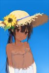  1girl arms_at_sides black_hair blue_ribbon blush commentary_request dress flower glue gradient gradient_background hair_between_eyes hat hat_flower hat_ribbon long_hair nuudoru original ribbon shadow simple_background sky smile solo straw_hat sundress sunlight sweat upper_body very_long_hair 