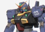  aqua_eyes aron_e commentary_request firing glowing glowing_eyes gun gundam gundam_mk_ii highres machine_gun machinery mecha mobile_suit no_humans radio_antenna robot science_fiction titans_(gundam) v-fin weapon zeta_gundam 
