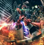  battle bazooka_(gundam) cityscape commentary_request damaged explosion firing glowing glowing_eye green_eyes gundam highres hiropon_(tasogare_no_puu) lens_flare machinery mecha mobile_suit photo_background psyco_gundam rick_dias robot science_fiction titans_(gundam) v-fin weapon zeta_gundam 