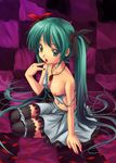  blue_panties bra breasts checkered green_eyes green_hair hatsune_miku jewelry kichiroku licking lingerie long_hair medium_breasts nail_polish navel necklace nipples off_shoulder one_breast_out panties panty_pull petals pink_nails sitting solo strap_slip thighhighs tongue twintails underwear vocaloid world_is_mine_(vocaloid) 