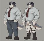 2022 anthro balls bottomwear canid canine canis clothed clothing domestic_dog dress_shirt dress_shoes duo facial_hair footwear fully_clothed garter_belt garter_belt_socks garter_straps genitals hi_res humanoid_genitalia humanoid_penis hunting_dog male male/male mammal mark_(whireds) model_sheet muscular muscular_anthro muscular_male mustache necktie no_underwear pants partially_clothed penis shirt slightly_chubby slightly_chubby_anthro slightly_chubby_male socks solo standing terrier tie_clip tight_clothing topwear whireds