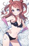  1girl bikini black_bikini breasts brown_hair cleavage cowboy_shot double_bun front-tie_bikini_top front-tie_top gakuen_idolmaster grey_eyes grin hair_bun hanami_saki hands_on_own_hips highres hood hooded_jacket idolmaster jacket long_hair long_sleeves looking_at_viewer lvetica medium_breasts smile solo swimsuit two_side_up white_jacket 