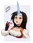 1girl black_hair brown_eyes choker commentary english_text final_fantasy final_fantasy_ix garnet_til_alexandros_xvii gloves horns lace-up_top long_hair looking_up low-tied_long_hair mateus_upd sidelocks signature simple_background single_horn solo 