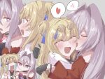  2girls 88_9 ^_^ anger_vein biting blonde_hair blush cheek_biting closed_eyes commentary eyewear_on_head green_eyes hair_intakes heart highres honkai_(series) honkai_impact_3rd hug jacket multiple_girls open_mouth purple_eyes red_jacket smile songque_(honkai_impact) spoken_anger_vein spoken_heart t_t thelema_(honkai_impact) translation_request two_side_up white_hair yuri 