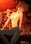  bar breasts denim jeans kikumaru_bunta medium_breasts meitantei_conan mouri_ran nipples pants solo topless 
