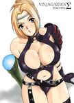  armor armpits artist_request bandana belt blonde_hair blue_eyes blush breasts cleavage earrings elbow_gloves gloves hammer headband high_heels huge_breasts jewelry leather midriff navel ninja_gaiden rachel_(ninja_gaiden) shiny shiny_clothes shoes short_hair sitting solo thighhighs thighs weapon 