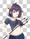  1girl ;o black_shirt blush breasts checkered checkered_background demon_girl demon_horns gabriel_dropout groin hair_between_eyes hair_ornament hairclip holding_polearm horns lifted_by_self looking_at_viewer midriff navel one_eye_closed polearm purple_eyes purple_hair shirt shirt_lift short_hair solo trident tsukinose_vignette_april underboob weapon x_hair_ornament zztg3775 