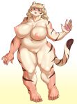  anthro big_breasts blonde_hair braided_hair breasts claws curvy_figure erect_nipples felid female genitals gradient_background hair hi_res huge_breasts mammal mature_female morokko musclegut muscular muscular_female nipples nude pantherine pawpads pussy simple_background slightly_chubby stripes thick_thighs tiger voluptuous wide_hips 