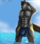  abs absurd_res anthro black_nipples black_nose boat bulge canid canine canis chrislhi clothing cruiser flexing grin hi_res macro male mammal micro muscular muscular_male nipples owo sea size_difference smile solo speedo swimwear vehicle water watercraft wet wolf 