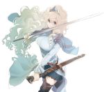  &gt;:( 1girl 2020 blonde_hair blue_eyes blue_skirt breasts capelet character_request closed_mouth crossdraw_holster curly_hair drill_hair frilled_sleeves frills hair_between_eyes highres holding holding_sheath holding_sword holding_weapon holster katamichi_yuusha large_breasts long_hair looking_at_viewer mandarin_collar miniskirt multicolored multicolored_eyes pleated_skirt ringlets sheath sidelocks silversecond simple_background skirt solo sword thighhighs tiara tukasac weapon white_background zettai_ryouiki 