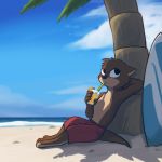  1:1 anthro beach beverage bottomwear brown_body brown_fur clothed clothing cloud detailed_background drinking enginetrap fur hi_res lutrine mammal mustelid oliver_(fuel) outside pants reclining sea seaside shadow shorts sky solo straw surfboard swimwear topless tree vehicle water watercraft 