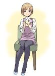  1girl aiba_yumi blush brown_eyes brown_hair chair collared_shirt commentary_request cup dress eyebrows_visible_through_hair floral_print full_body high_heels highres holding holding_cup idolmaster idolmaster_cinderella_girls kyo-ani_love long_sleeves pantyhose shirt short_hair sitting smile solo two-tone_background 